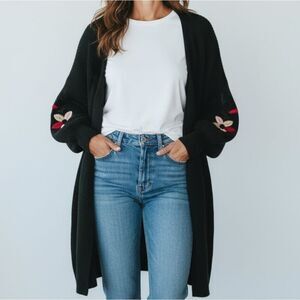 Dark Green Embroidered Sleeves Open-Front Cardigan Sweater